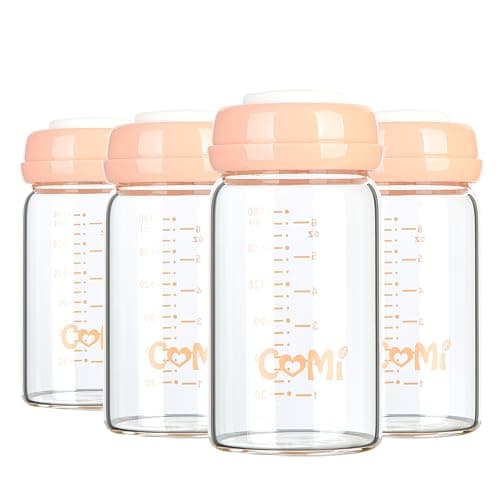 COMI Wide Neck Glass Breastmilk Collection n Storage Bottle, 4 Packs, 6oz with Screw Ring Sealing Disk; Re-markable Sealing Disc. BPA Free, Fits Breast Pumps & Nipples (4 Pink Lids) - Image 1