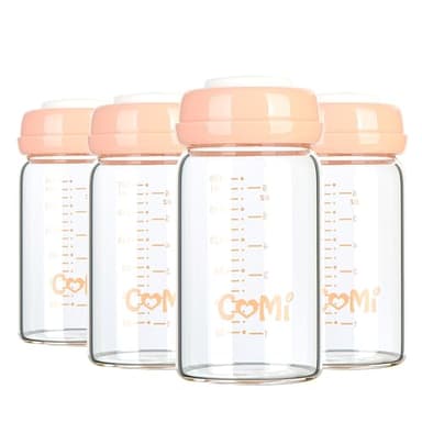 COMI Wide Neck Glass Breastmilk Collection n Storage Bottle, 4 Packs, 6oz with Screw Ring Sealing Disk; Re-markable Sealing Disc. BPA Free, Fits Breast Pumps & Nipples (4 Pink Lids) - Image 1