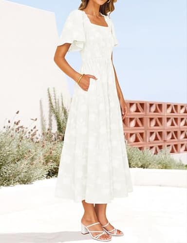 ZESICA Women's Summer Boho Floral Midi Dresses 2025 Casual Short Sleeve Square Neck Flowy Beach Vacation Long Dress,White,Medium - Image 4