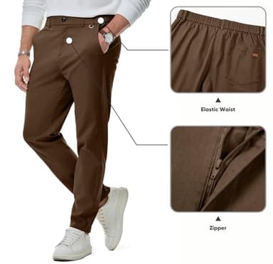 JMIERR Men's Stretch Chino Pants Business Casual Elastic Waist Travel Essentials Pant Slim Fit Tapered Cotton Twill Work Athletic Golf Dress Chocolate Brown Trousers, XL, Coffee - Image 2