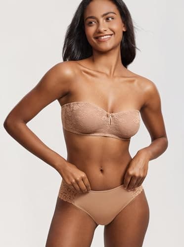 DOBREVA Women's No Padding Strapless Lace Bra Underwire Multiway See-Through Gravel Beige 34E - Image 4