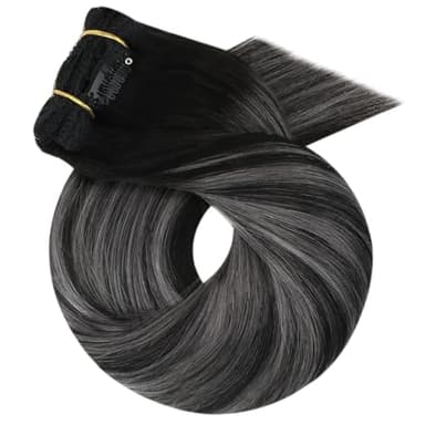 Moresoo Clip on Hair Extensions Balayage Remy Double Weft Human Hair Extensions Clip ins Natural Black to Silver 20inch 150Grams 7pcs - Image 9