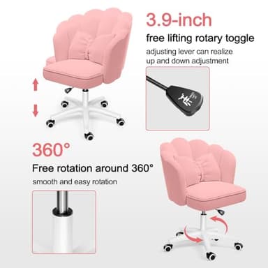 XUEGW Petal Desk Chair with Bow Cushion Velvet Vanity Chair with Wheels, Upholstered Home Office Chair for Girls Women, Mid-Back Swivel Computer Task Chairs for Living Room Bedroom - Image 4