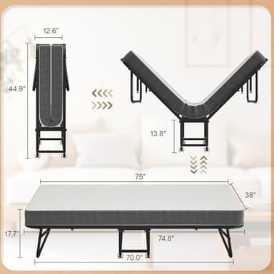 75" x 38" Folding Bed with Mattress for Adults, Portable Rollaway Single Beds with Memory Foam Mattress & Super Strong Frame, Convenient Foldable Roll Away Bed for Storage - Image 4