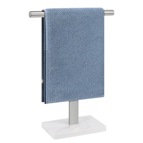 BathAce Hand Towel Holder, T-Shape Hand Towel Stand for Bathroom, Hand Towel Rack Bar Standing for Vanity Kitchen Countertop, 304 Stainless Steel (Marble Base, Brushed) - Image 1