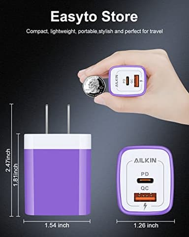 USB C Wall Charger, AILKIN 3Pcs 20W PD + QC3.0 USBC Charger Block Super Fast Power Output Rapid Charging Box Wall Plug Cube for Apple iPhone, Samsung Galaxy, Motorola, LG, Google Pixel - Purple - Image 4
