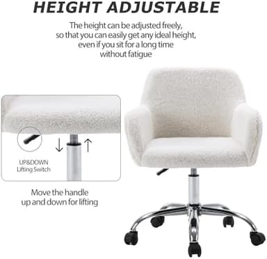 KCC Faux Fur Vanity Makeup Desk Chair, Comfy Fluffy Swivel Modern Leisure Armchair with Wheels, Upholstered Fuzzy Height Adjustable for Teens Women Girls Elegant Home Office - Image 3