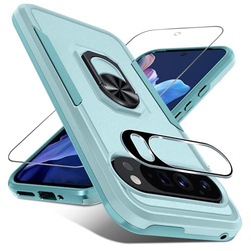 Janmitta for Google Pixel 9/9 Pro Case with Screen Protector+Camera Lens Protector,Heavy Duty Shockproof Full Body Phone Cover Built in Metal Ring Holder Kickstand,2024 Mint Green - Image 1