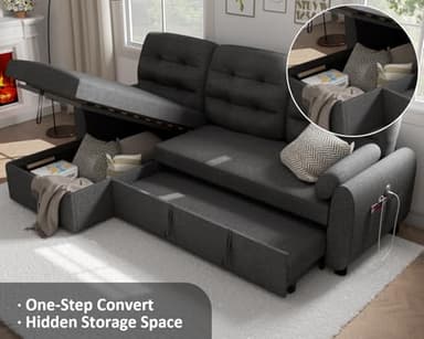 Ucloveria Sectional Sofa Couch, 87" Sleeper Sofa Bed with Reversible Storage Chaise Pull Out Couch for Living Room | Side Pocket | Charging Station | Removable Backrest | Linen Fabric, Dark Grey - Image 6