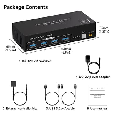 ATLAHET Displayport KVM Switch 2 Monitors 2 Computers 8K 60Hz 4K 120Hz Dual Monitor USB 3.0 KVM Switches for 4 USB Devices, Wired Extension Button,12V DC Adapter and USB3.0 Cables - Image 7