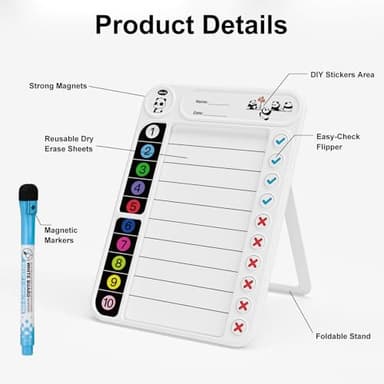 Magnetic Chore Chart for Kids, ADHD Task Tracker Easy-Check Routine Dry Erase Board, to-Do List Planning Tool with Stand for Fridge/Desk/Home/School, 6 Reusable Sheets, 3 Markers - Image 3