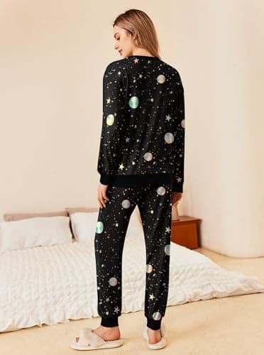 Ekouaer Pajamas Set Long Sleeve Joggers Pjs Fall 2 Piece Lounge Outfits Jogger Pajama for Women Set Black Night Sky XXL - Image 3
