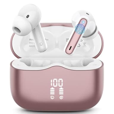 Wireless Earbuds, Bluetooth 5.4 Headphones in Ear with 4 ENC Noise Cancelling Mic, New Wireless Earphones HiFi Stereo Deep Bass 40H Playtime, In-Ear Bluetooth Earbuds LED Display IP7, USB-C, Rose Gold - Image 1
