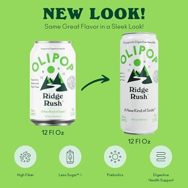 OLIPOP Sparkling Prebiotic Soda, Ridge Rush, Pantry Pack Packed with Prebiotics, Fiber, and Botanicals, Gluten Free, Vegan, GMO Free, 12oz Skinny Can (12 Pack) - Image 7