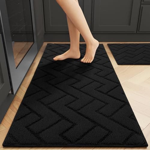 hicorfe Kitchen Rugs and Mats Sets,2 Pieces Super Absorbent Polypropylene Non-Slip Rug,Soft Comfort Floor Mat,Washable for Kitchen,Hallway,Office,Sink,Laundry(20" x 31.5" Plus 20" x 48",Black) - Image 1