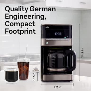 Braun BrewSense 12 Cup Drip Coffee Maker - Pause & Pour Mid Brew, Coffee Machine with 24-Hour Timer & Clock, Bold & Regular Strength, 1-4 Cup Functions, Self Clean, Auto Shutoff, Stainless Steel - Image 3