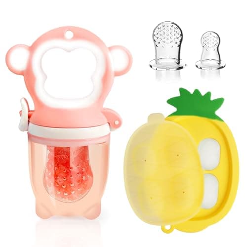 HAOBAOBEI Baby Fruit Food Feeder - Silicone Nibble Tray Combo - Breastmilk Popsicle Mold for Cooling Relief, BPA Free Mesh Feeder for Infant Self Feeding (Monkey Pink + Pineapple) - Image 1