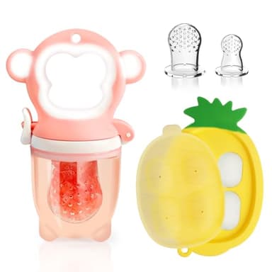 HAOBAOBEI Baby Fruit Food Feeder - Silicone Nibble Tray Combo - Breastmilk Popsicle Mold for Cooling Relief, BPA Free Mesh Feeder for Infant Self Feeding (Monkey Pink + Pineapple) - Image 1
