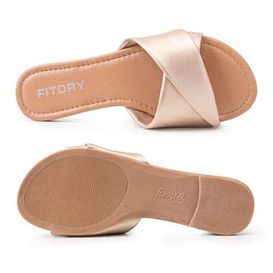 FITORY Women's Flat Sandals Fashion Slides With Soft Leather Slippers for Summer Gold Size 9 - Image 3