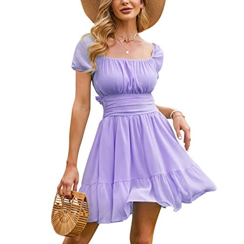 EXLURA Women's 2024 Summer Short Puff Sleeve Casual Short Mini Dress Tie Back Square Neck A-Line Sundress Lilac Purple - Image 1