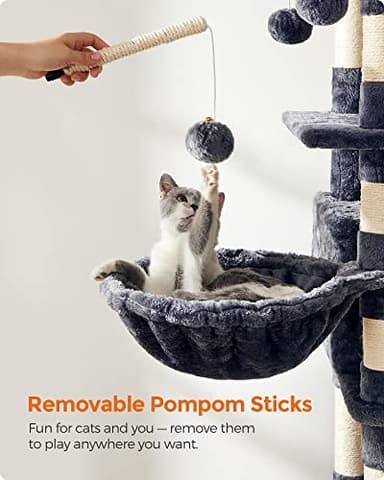 FEANDREA Cat Tree, Large Cat Tower, 64.6 Inches, Cat Activity Center with Hammock, Basket, Removable Fur Ball Sticks, Cat Condo, Smoky Gray UPCT087G01 - Image 5