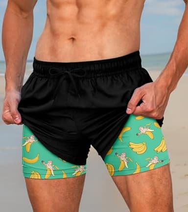Cozople Swim Trunks Men Black and Green Bathing Suit Banana Cat Funny Party Swim Shorts Drawstring Pockets Swimwear M - Image 6