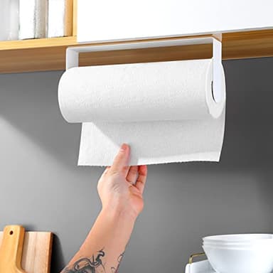 YIGII Adhesive Paper Towel Holder Under Cabinet - Stainless Steel Paper Towel Rack Stick on Wall Mount for Kitchen, White - Image 3