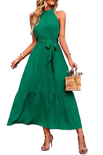 PRETTYGARDEN Women's Summer Maxi Sun Dress Sleeveless Halter Neck Flowy Ruffle Hem Long Boho Dresses with Belt (Solid Green,Medium) - Image 1