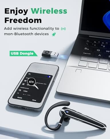 Eigsupia Bluetooth Headset V5.4, Wireless Bluetooth Earpiece with USB Dongle and Charging Case, Hands Free Noise Canceling Headphones with Dual-Mic for Computer Cell Phones Trucker Home Office Work - Image 2