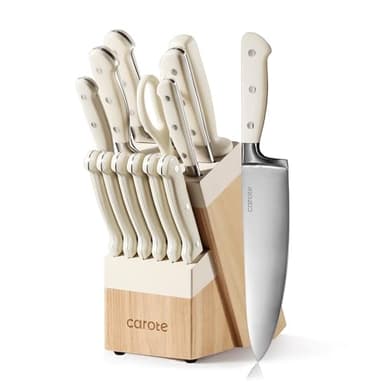 CAROTE 14 Pieces Knife Set with Block, Forged, High Carbon Stainless Steel Sharp Blade Block Knife Set, Dishwasher Safe Cutlery, Cream - Image 1