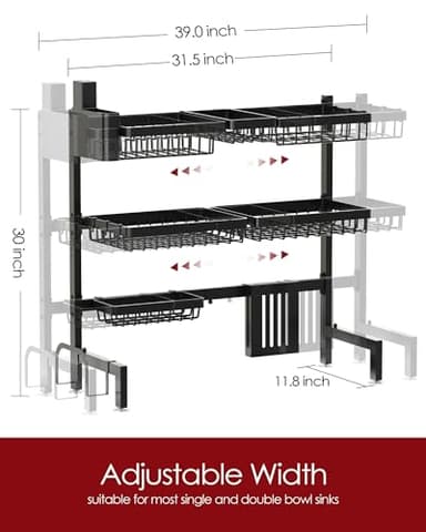 Sakugi Dish Drying Rack - Over The Sink Dish Drainer Drying Rack with Utensil & Knife Holder, Hooks, Stainless Steel Kitchen Organizers and Storage Solution, 11.8" D x 31.5"~39.0''W x 30" H, Black - Image 2