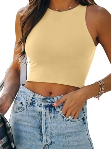 REORIA Women's Sexy Sleeveless High Neck Crop Tank Top Racerback Double Lined Cute Basic Cropped Tops 2025 Going Out Shirts Honeybee Small - Image 1