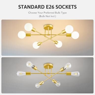 VONLUCE 6-Light Sputnik Light Fixture, 6-Light Flush Mount Ceiling Lights Gold with E26 Base, Modern Sputnik Chandelier for Living Room Kitchen Hallway Bedroom - Image 2