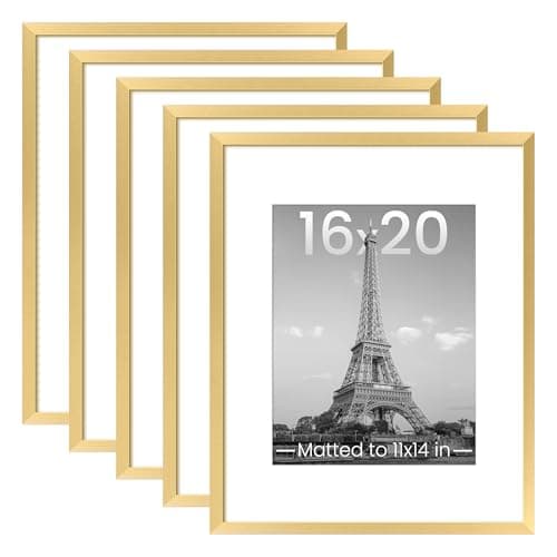 upsimples 16x20 Picture Frame Set of 5, Display Pictures 11x14 with Mat or 16 x 20 Without, Wall Gallery Poster Frames, Gold - Image 1