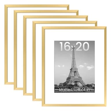 upsimples 16x20 Picture Frame Set of 5, Display Pictures 11x14 with Mat or 16 x 20 Without, Wall Gallery Poster Frames, Gold - Image 1