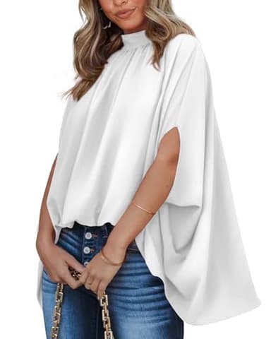 BTFBM Womens Summer Tops 2025 Fall Mock Neck Batwing Sleeve Shirts Loose High Low Hem Oversized Dressy Casual Blouses(White, Large) - Image 1