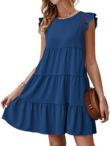 KIRUNDO Casual Summer Dresses Women's Sleeveless Ruffle Sleeve Round Neck Solid Loose Short Flowy Pleated Mini Babydoll Dress (Dark Blue, Large) - Image 1