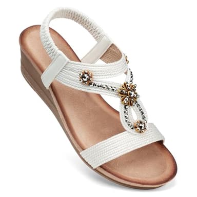 SHIBEVER White Wedge Sandals Women Size 9 Comfortable Rhinestone Ladies Sandals Dressy Arch Support Low Heel Flower Shoes Summer - Image 1