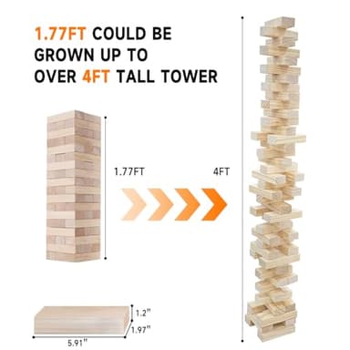 Nattork Giant Tumbling Tower (Stack from 1.77Ft to 4+ Ft), Wood Stacking Giant Blocks Game| Made from Premium Pine Wood| Ideal for Family, 54PCS - Image 2