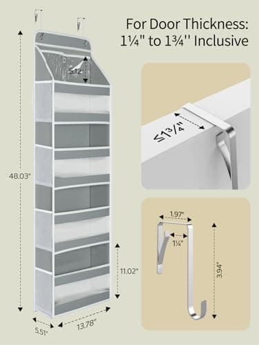 Yecaye 5 Tier 1Pc Over the Door Organizer, Swing-proof Door Organizer Hanging with Clear PVC Windows, Behind the Door Storage for Bedroom Nursery Closet Laundry Pantry Bathroom, Grey - Image 7
