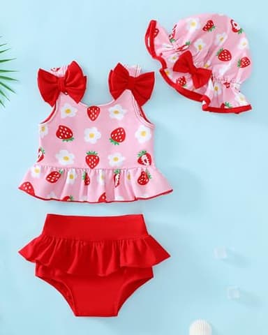 Toddler Girl Bathing Suit Infant Baby Girl Swimsuit 18-24 Month 2 Piece Red Strawberry Baby Girl's Bikini Summer Swimwear Beach Tankini Outfits Set - Image 2
