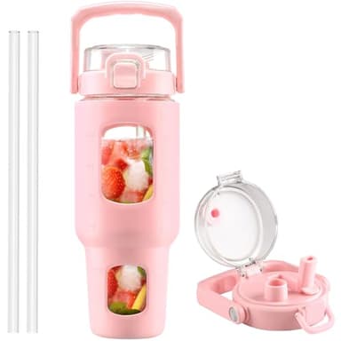 BLUEGO 40 oz Glass Water Bottle with Straw, Leakproof Glass Drinking Bottle with Time Marker and Silicone Sleeve, Wide Mouth Water Bottle for Travel, Gym, Workout, Pink - Image 1