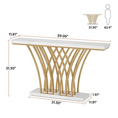 Tribesigns 59 inch Gold Console Table, Modern Entryway Table with Grid-Shaped Metal Base for Entrance, Hallway, Entryway, Living Room(White Faux Marble & Gold) - Image 2
