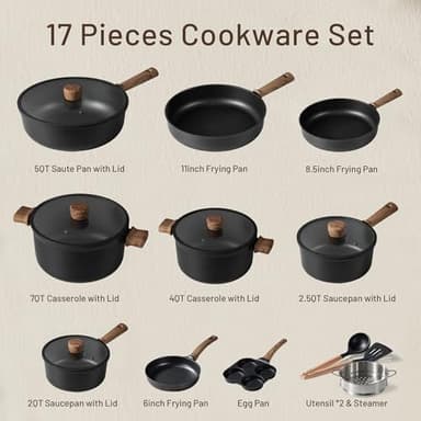 CAROTE Nonstick Kitchen Cookware Sets, Non stick Pots and Pans set, Induction Cookware Set 17pcs Black - Image 2