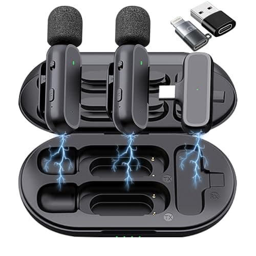 2 Pack Professional Wireless Lavalier Microphone for iPhone iPad Android with Charging Case Noise Reduction Plug-Play Clip on Lapel Mic for Video Recording Vlogging, YouTube, Interview, Live Streaming
