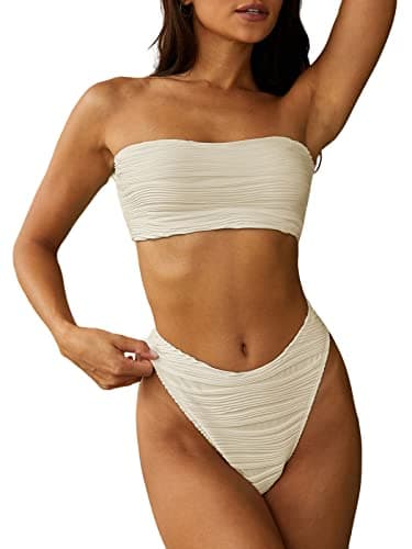 ZAFUL Women Strapless Textured Bandeau Bikini 2 Piece Swimwear Cheeky Solid Lace up Bathing Suits(1-Beige,M) - Image 1