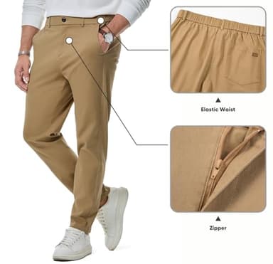 JMIERR Men's Stretch Chino Pants Business Casual Elastic Waist Travel Essentials Pant Slim Fit Tapered Cotton Twill Work Athletic Golf Dress Trousers, XL, Khaki - Image 2