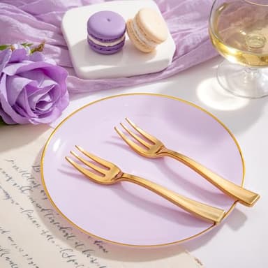 Festiva 200Pcs Purple Gold Dessert Plates 6.3" with Plastic Forks 5"- Disposable Lavender Purple Cake/Appetizer/Salad Plates - serve 100 guests for Party&Wedding&Easter - Image 8