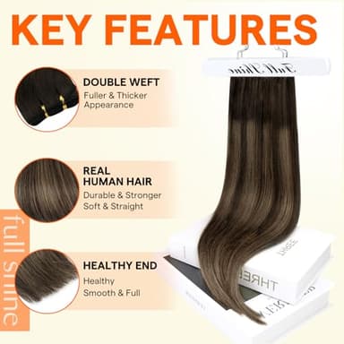 Full Shine Sew in Hair Extensions Real Human Hair Weft Hair Extensions Brown Highlighted Human Hair Weft Extensions 24Inch Sew in Hair #2/8/2 Balayage Dark Brown to Light Brown 105g - Image 2
