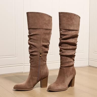 Erocalli Women's Suede Knee High Boots Khaki Fall Tall Boot Chunky Heel Round Toe High Heel Long Side Zipper Fashion Boots - Image 5